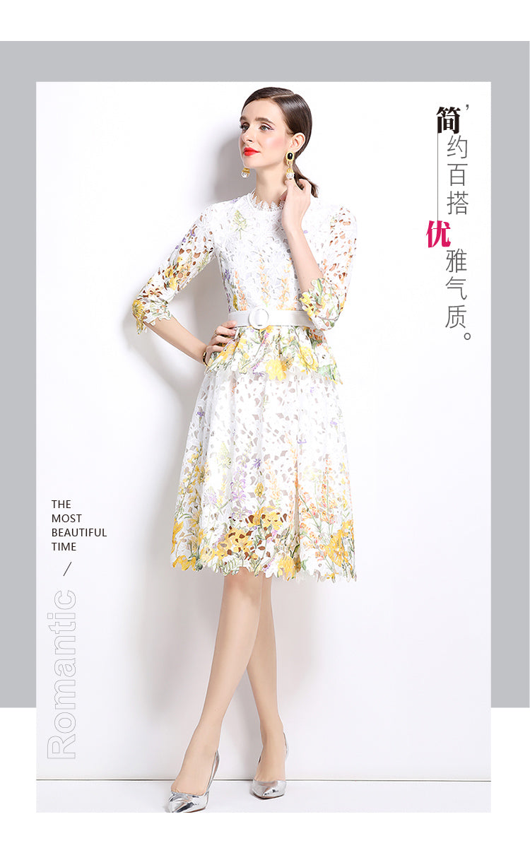 Original design mid long sleeved fashionable slimming hollow out water-soluble lace positioning mid length dress