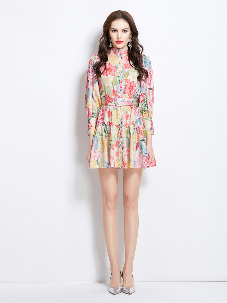 Original Design Spring/Summer Vacation New Watercolor Flower Printed Short Dress
