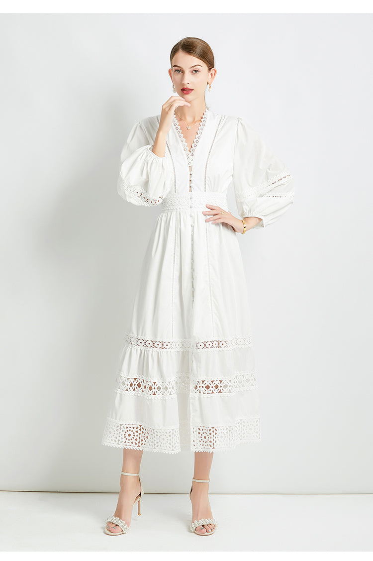 Original design fashionable temperament V-neck patchwork lace hollow out design sense long sleeved waist cinching dress