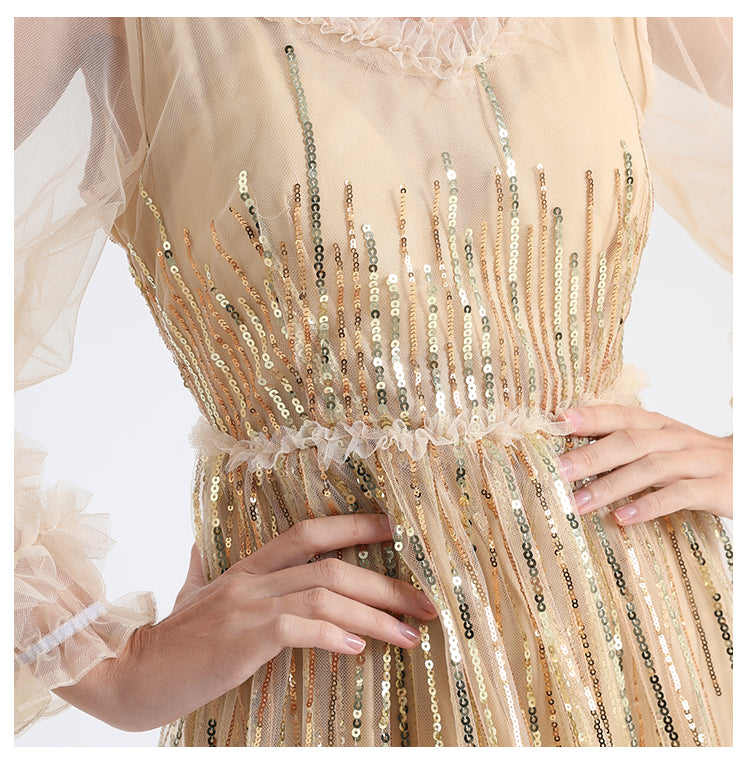Meizhonggong embroidered sequins mesh stitching fungus edge temperament dress dress