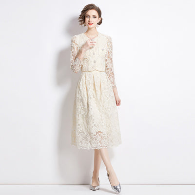 Original design for spring and summer long sleeved small fragrance style set light luxury temperament water-soluble lace skirt two-piece set