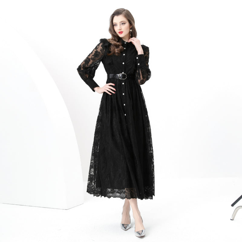 Original design: spring, summer, autumn resort, lapel, embroidered lace, balloon sleeve lace, long vintage dress
