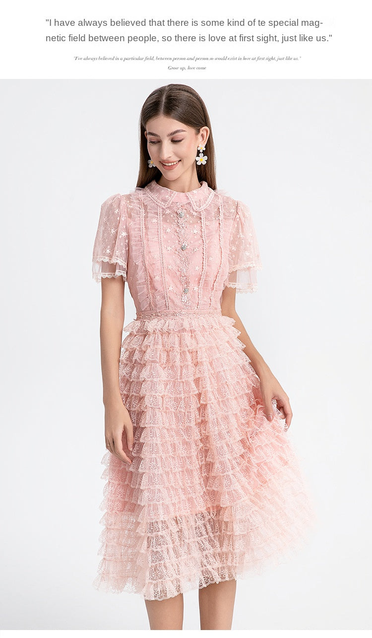 Original design short sleeved French sweet lace lace cake skirt with nail and diamond waist cinching temperament dress