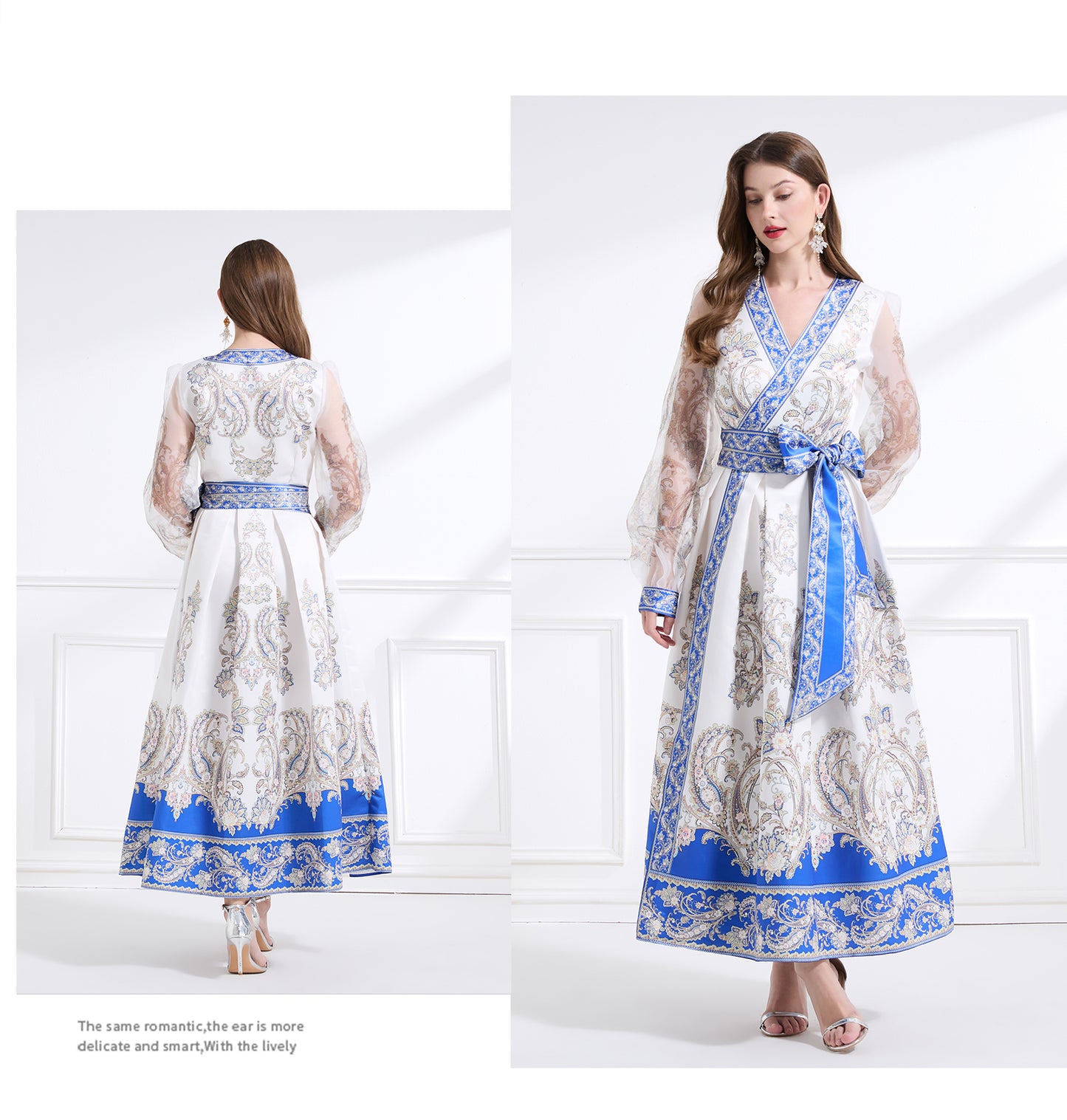 Original design - spring and summer resort style lace patchwork print waist maxi skirt ruffle dress