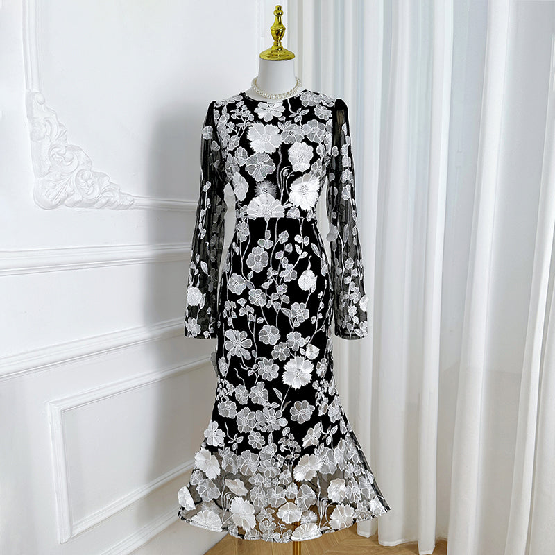 Original Design Heavy Industry Boutique Color Embroidered Handmade Three Dimensional Flower Slimming Fishtail Skirt Temperament Dress