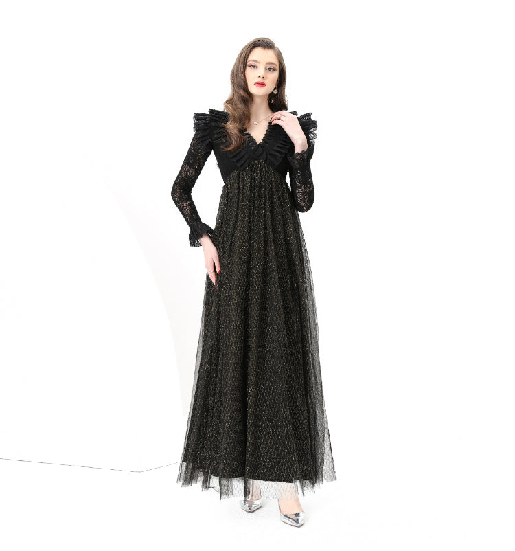 Original design: Spring, Summer, Autumn, resort style, embroidered lace, V-neck, long sleeves, lace and mesh maxi dress