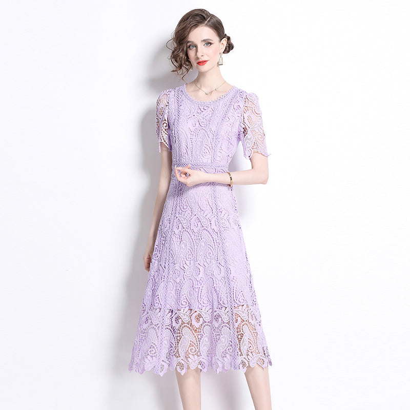 Original design temperament short sleeved skirt slim fit waist cinching heavy industry water-soluble lace dress for women