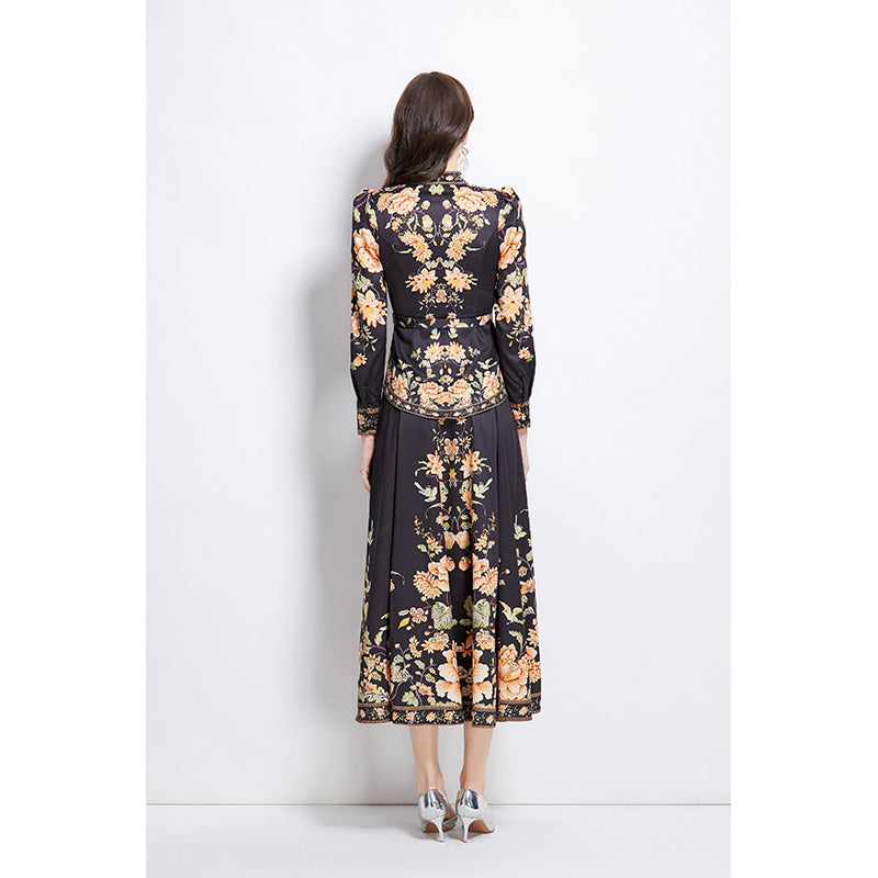 Original design for spring and summer ethnic style shirt top, mid length skirt set