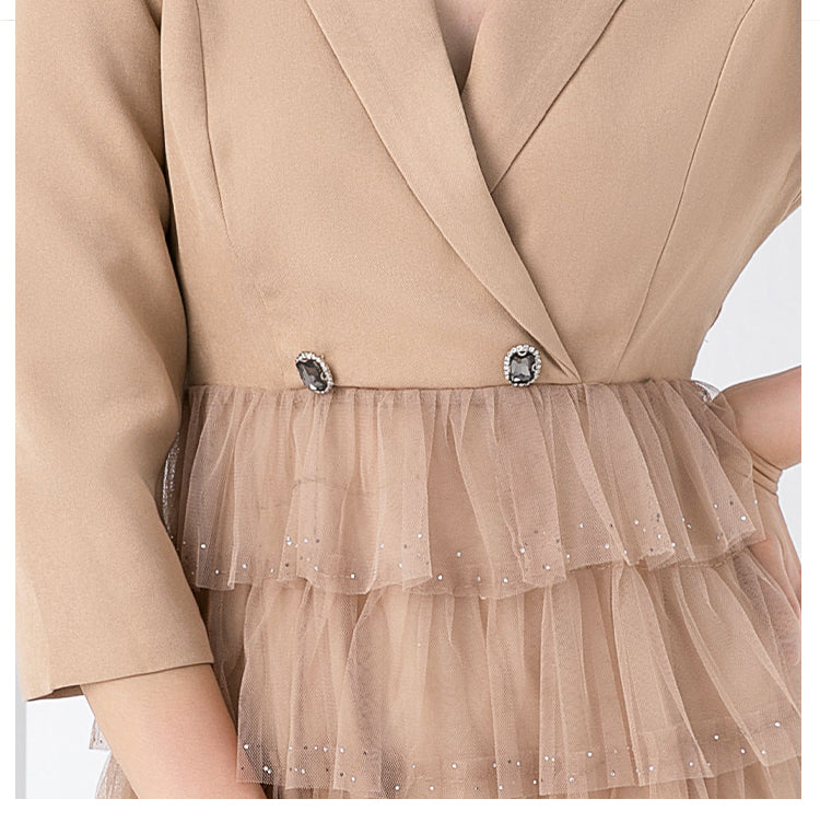 Original design exquisite mesh cake skirt patchwork suit dress temperament fake 2pieces