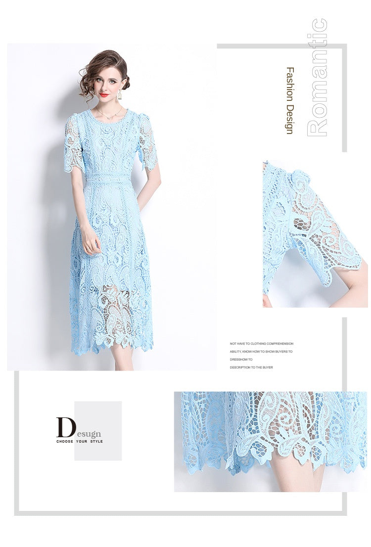 Original design temperament short sleeved skirt slim fit waist cinching heavy industry water-soluble lace dress for women