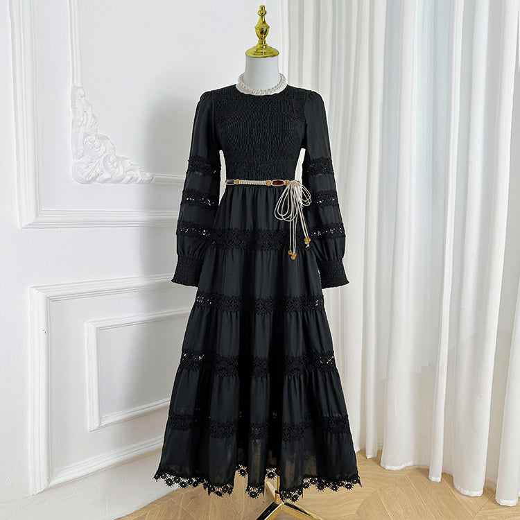 Original Design Heavy Industry French Retro Long Skirt with Hollow Lace Solid Color Waist Reduction and Slimming Round Neck Lace Splicing