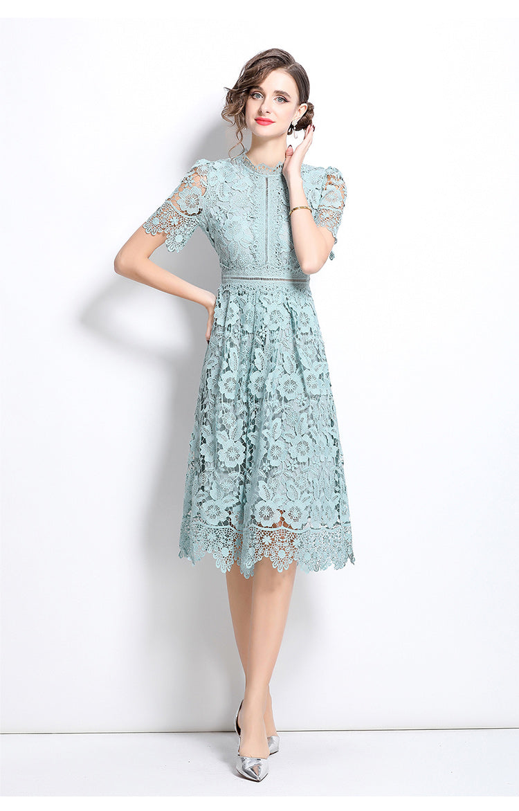 Original design short sleeved slimming hollow out water-soluble lace positioning mid length dress