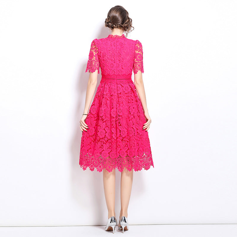 Original design short sleeved slimming hollow out water-soluble lace positioning mid length dress