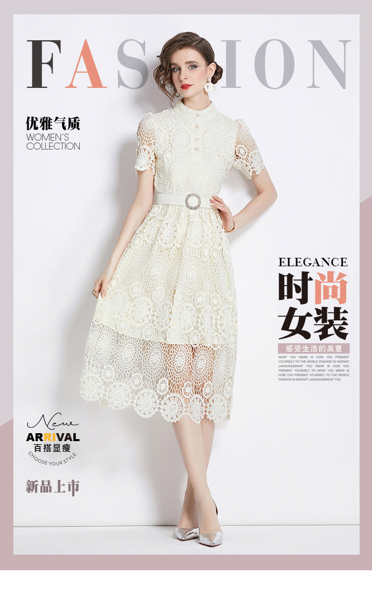 Original design niche dress new style temperament, waist cinching and slimming, hollow out water-soluble lace long skirt