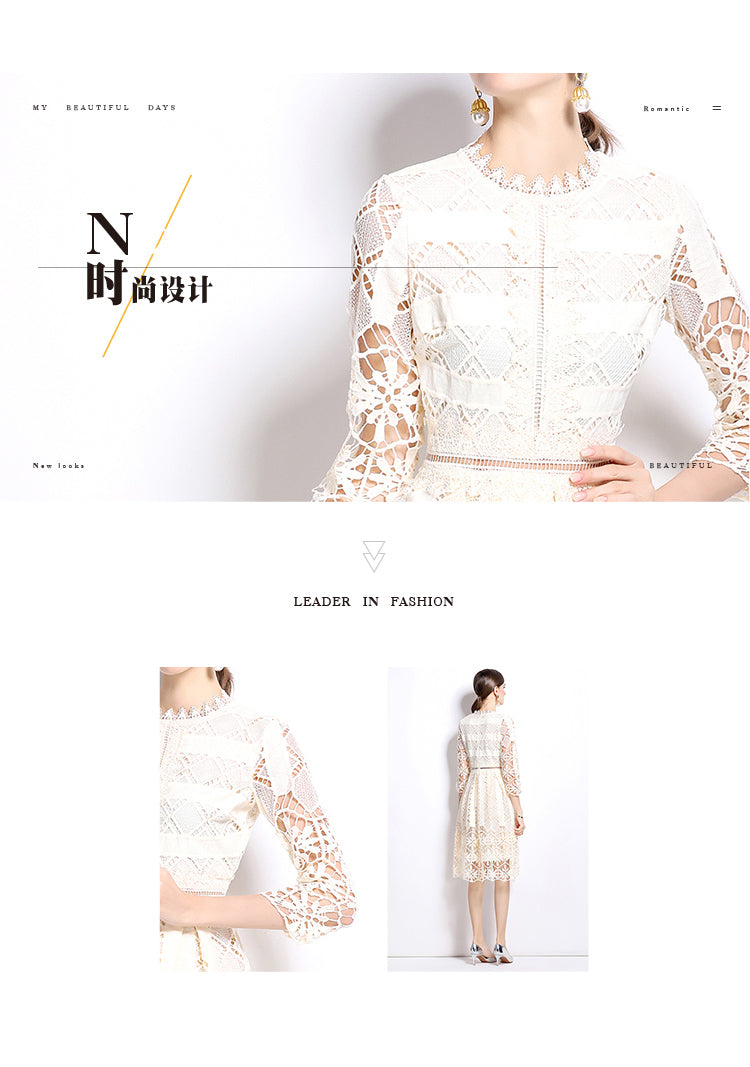 Original design mid long sleeved slimming hollow out water-soluble lace positioning printed mid length dress for spring, summer, autumn vacation
