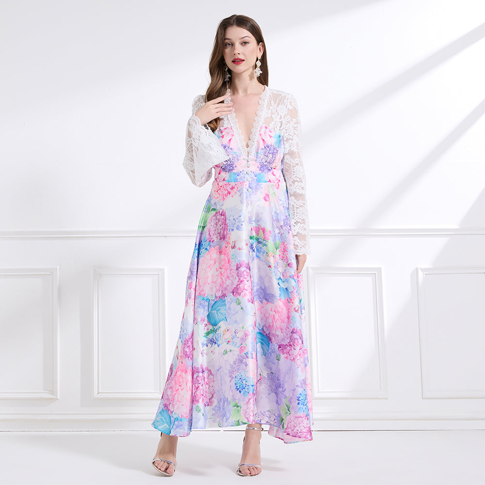 Original design - spring and summer resort style lace patchwork print waist maxi skirt ruffle dress