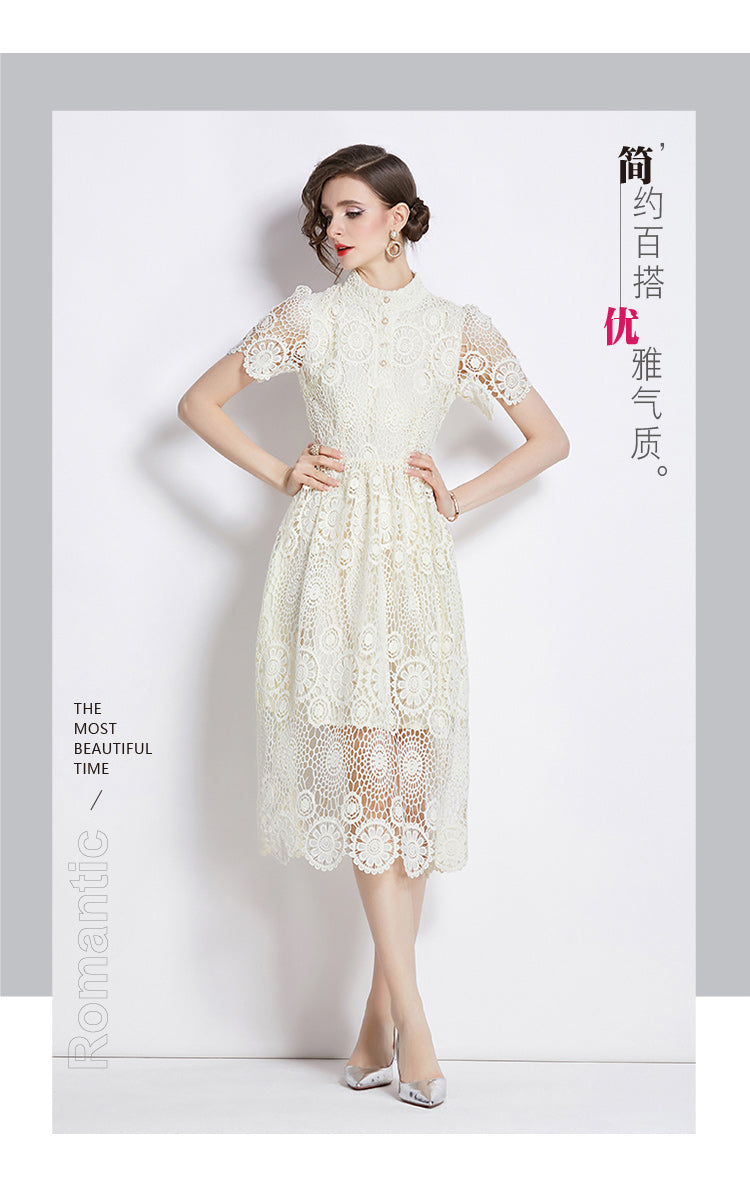 Original design niche dress new style temperament, waist cinching and slimming, hollow out water-soluble lace long skirt