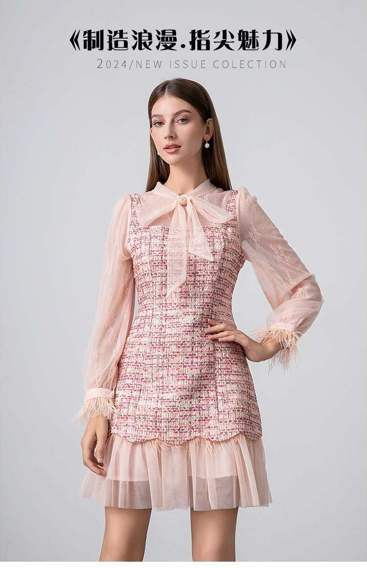 Original design: spring, summer, autumn, art lace stitching, colored tweed, small fragrance, big bow, ostrich feather dress