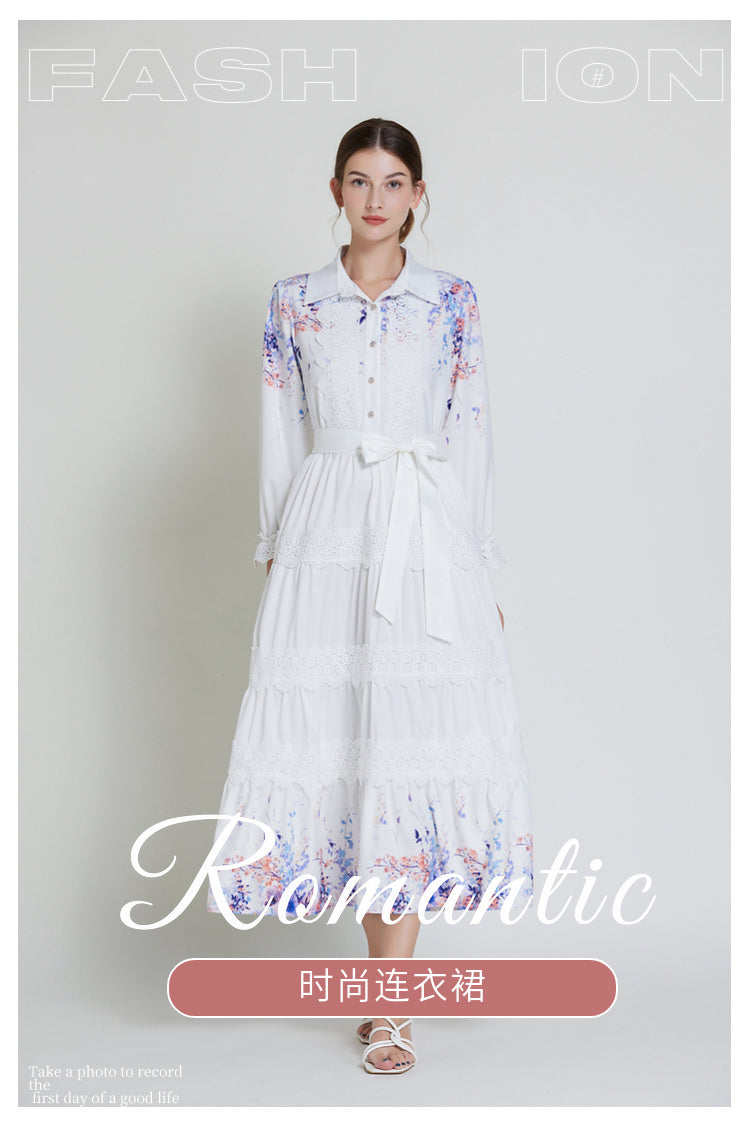 Original design fashionable bohemian lapel lace border lantern sleeves cinched waist long printed dress