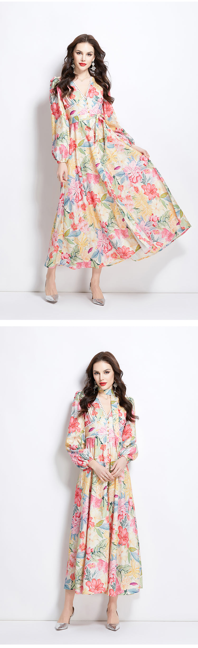 Original Design Spring/Summer Watercolor Flower Long Sleeve Retro Long Dress