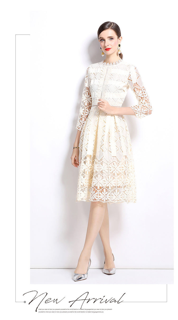 Original design mid long sleeved slimming hollow out water-soluble lace positioning printed mid length dress for spring, summer, autumn vacation