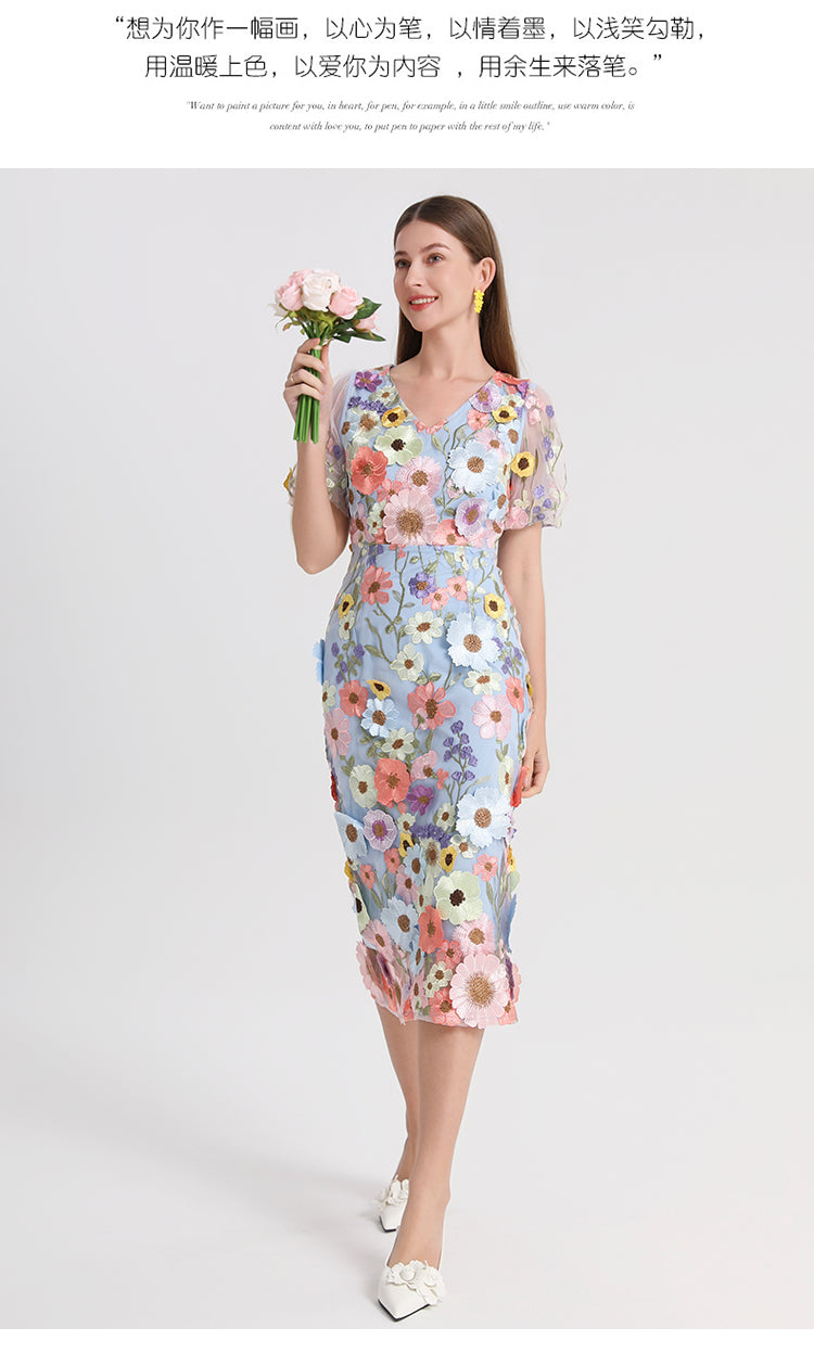 Art embroidery boutique color hand-ordered vintage V-neck slit wrap hip dress