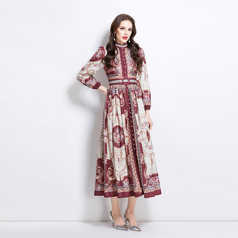 Original design: Spring/summer new court-style pattern stand-up collar long dress