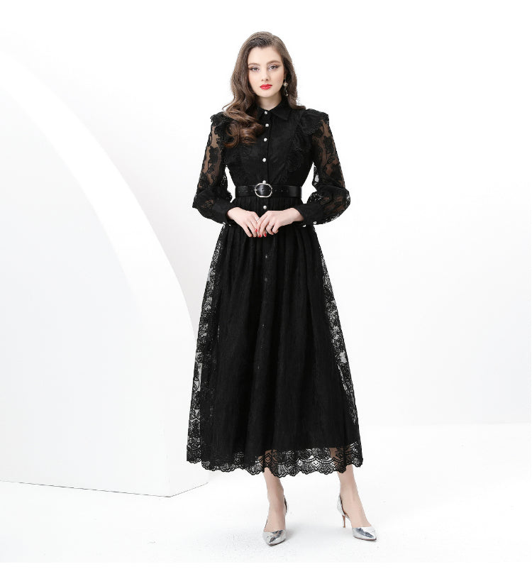 Original design: spring, summer, autumn resort, lapel, embroidered lace, balloon sleeve lace, long vintage dress