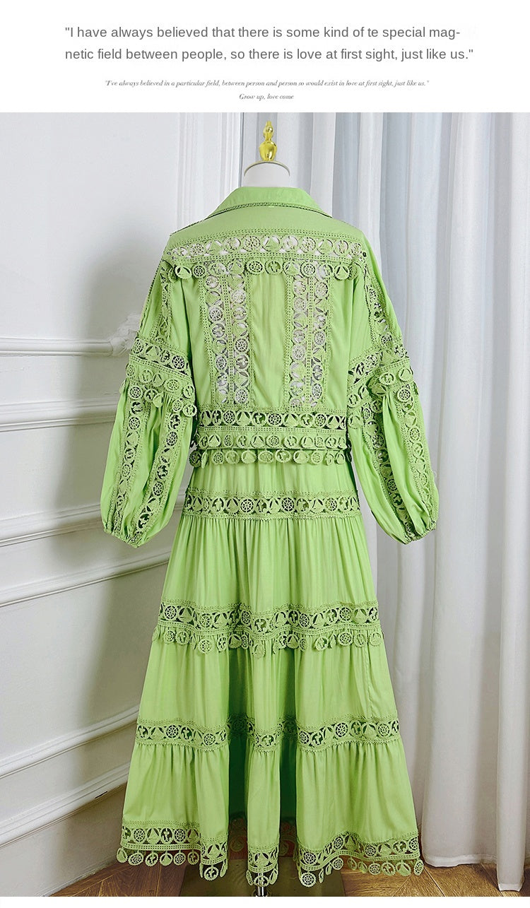 Meizhonggong boutique cut-out lapel lace stitched pendant lace maxi skirt set