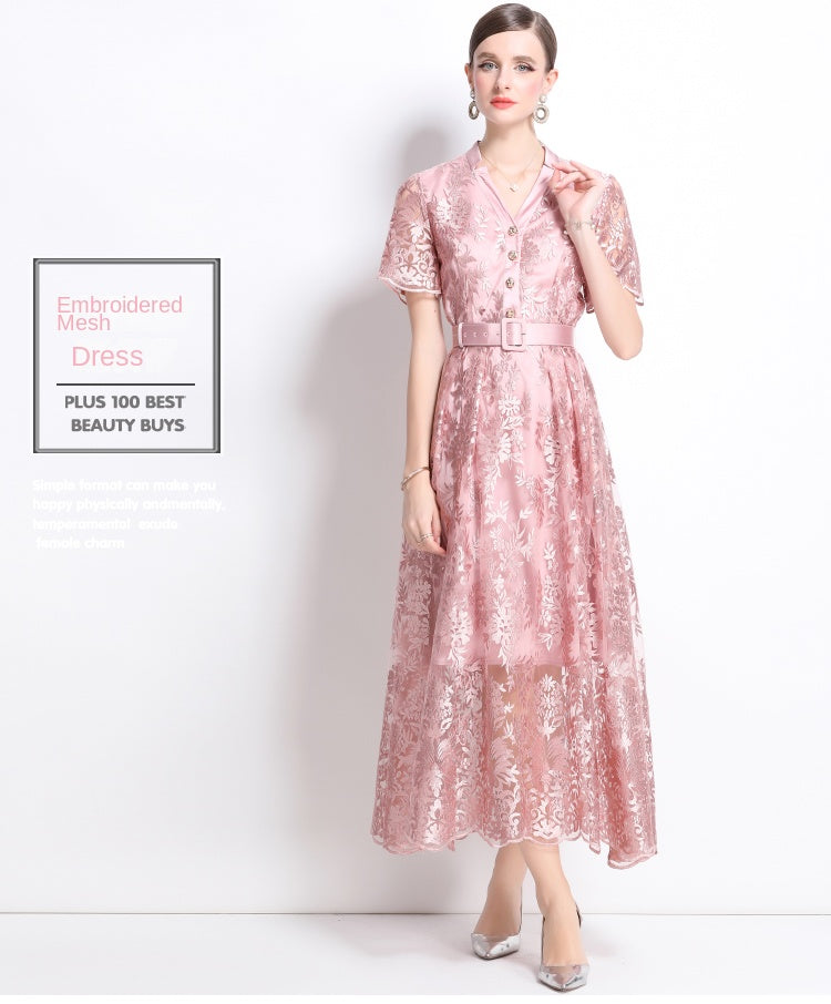 Original design mesh embroidered long dress with pockets, V-neck slim fit dress and belt