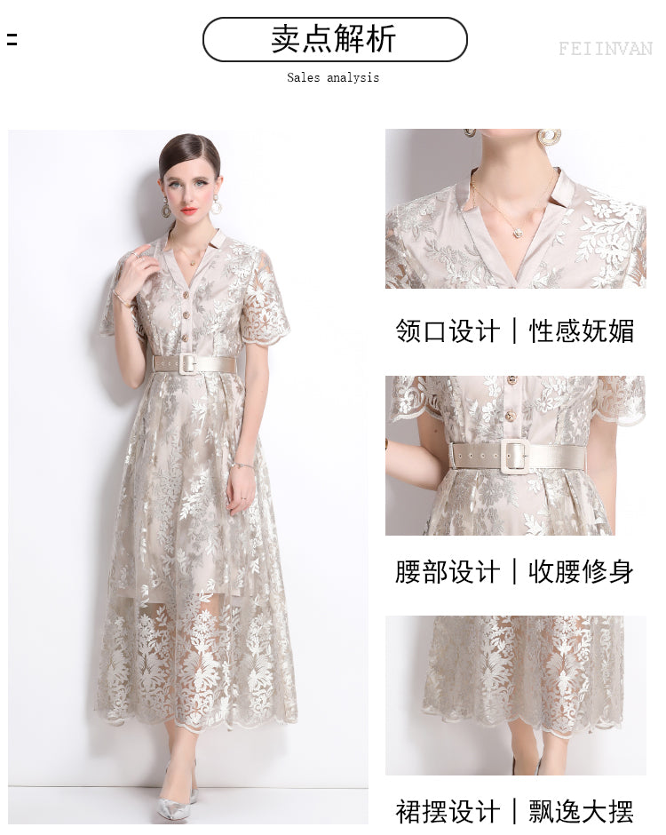 Original design mesh embroidered long dress with pockets, V-neck slim fit dress and belt