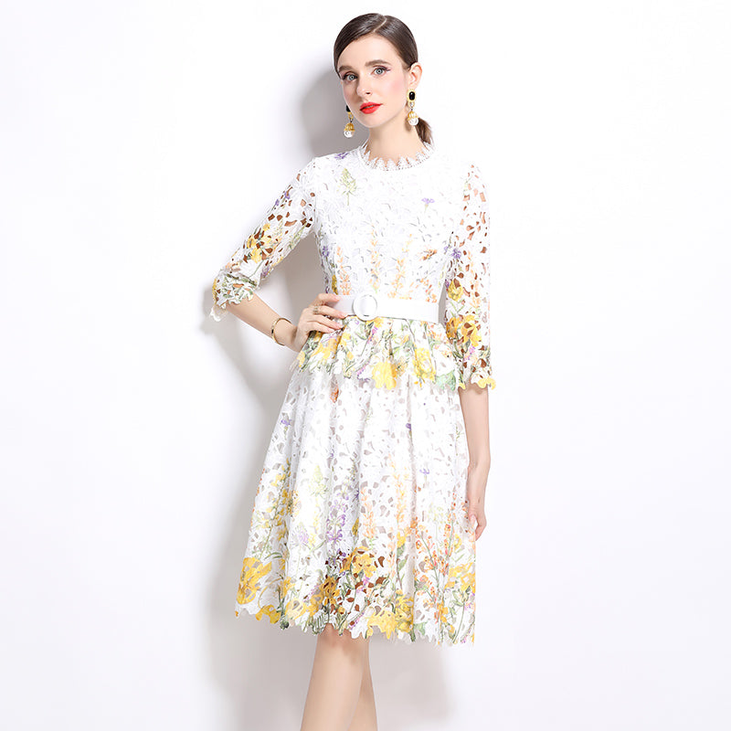 Original design mid long sleeved fashionable slimming hollow out water-soluble lace positioning mid length dress