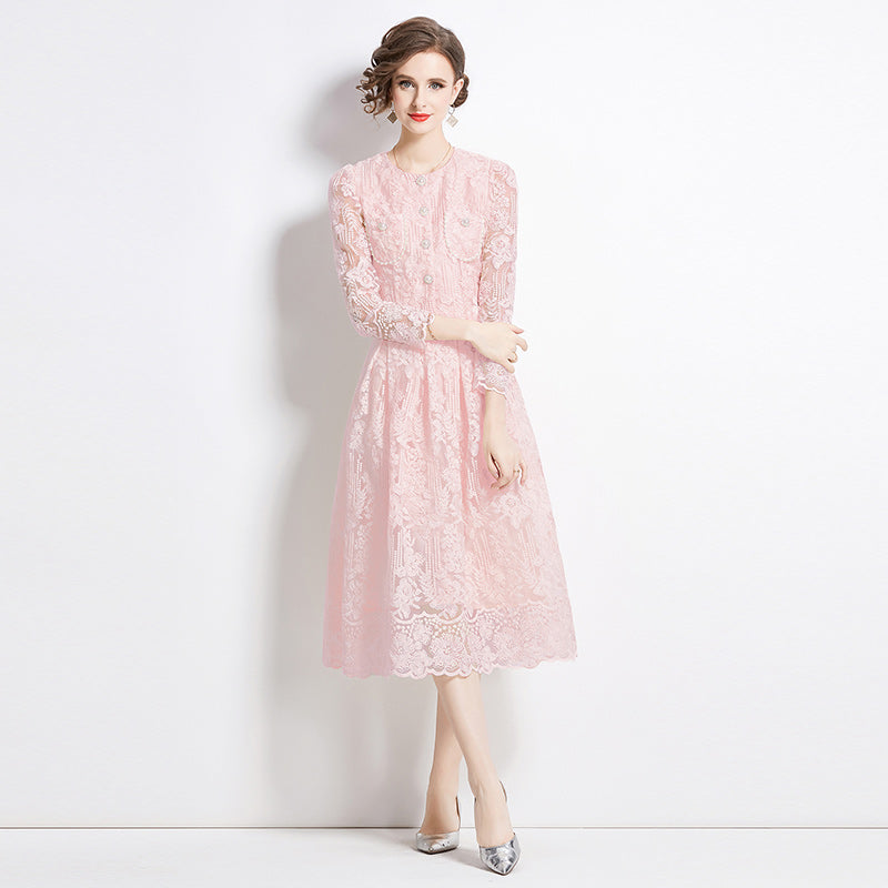 Original design for spring and summer long sleeved small fragrance style set light luxury temperament water-soluble lace skirt two-piece set