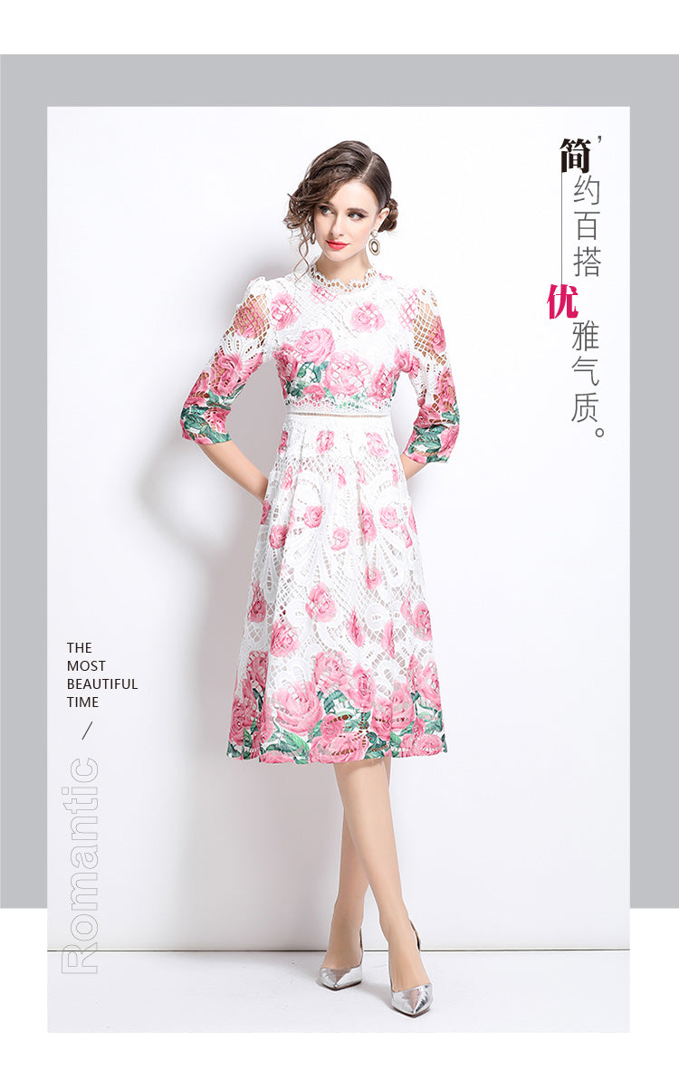 Original design mid long sleeved fashionable slimming hollow out water-soluble lace positioning mid length dress