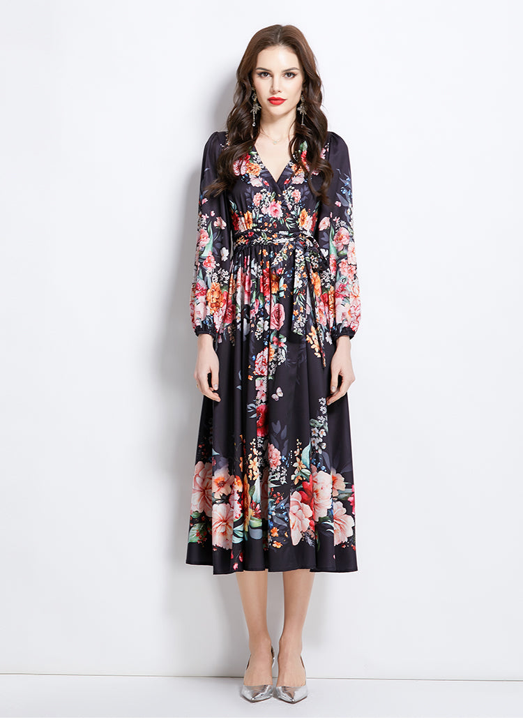 Original Design Spring/Summer Oil Painting Flower Pattern Wrapped Mid length Dress