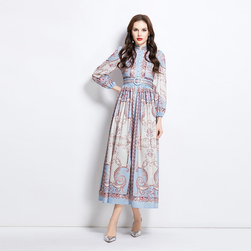 Original design: Spring/summer new court-style pattern stand-up collar long dress