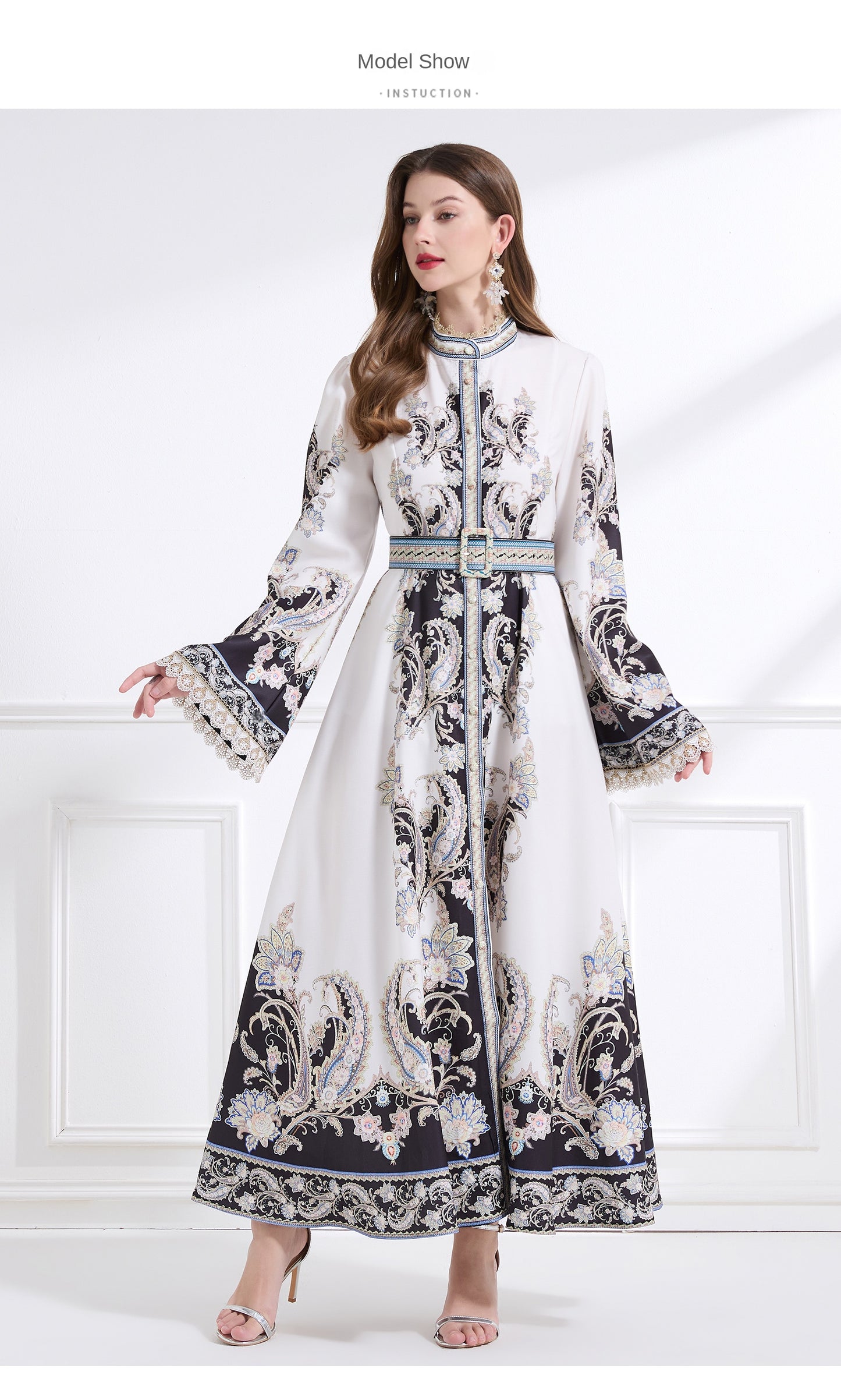 Original design - court-style vintage stand-up collar lace print tunic with large hem waist