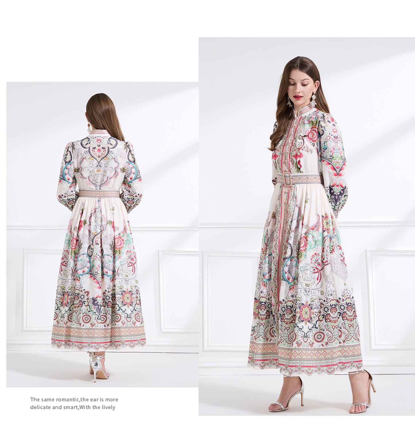 Original design - Spring, Summer, Autumn court style stand collar vintage print balloon sleeve ruffled maxi dress