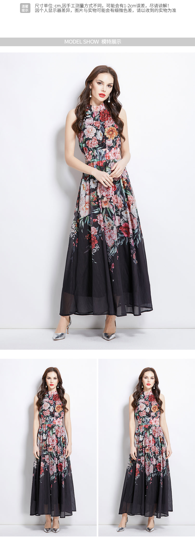 Original Design Spring/Summer Vacation New Oil Painting Flower Printed Hanging Neck Long Dress