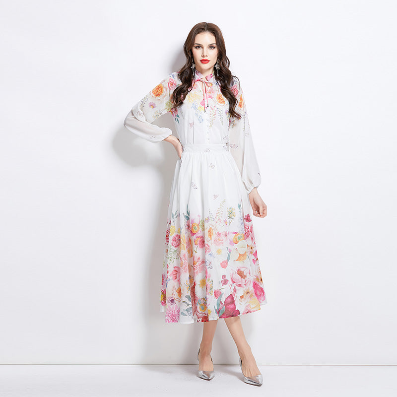 Original Design Spring Summer Autumn Vacation Lantern Sleeve Chiffon Shirt High Waist Half Skirt 2 Piece Set