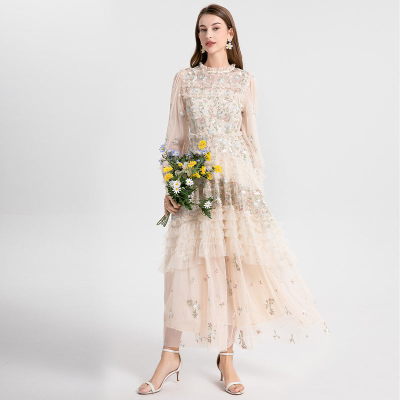 Original design spring, summer, autumn women's clothing pastoral forest temperament heavy industry color embroidered fungus edge swing dress