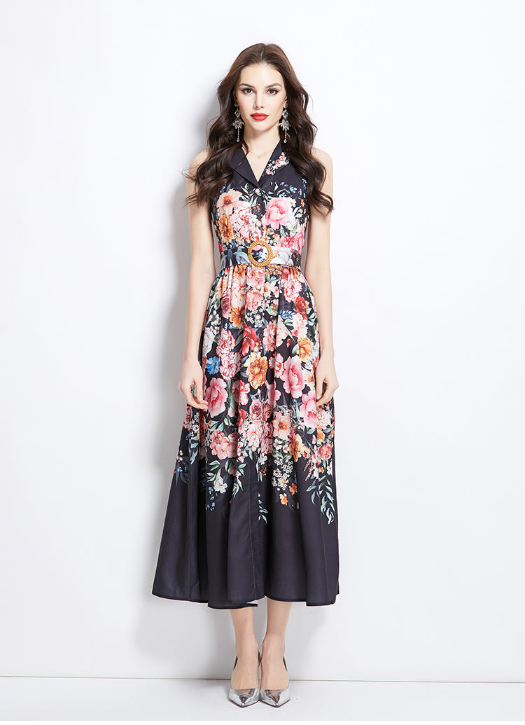 Original Design Spring/Summer Vacation Flower Oil Painting Style Shirt Long Dress