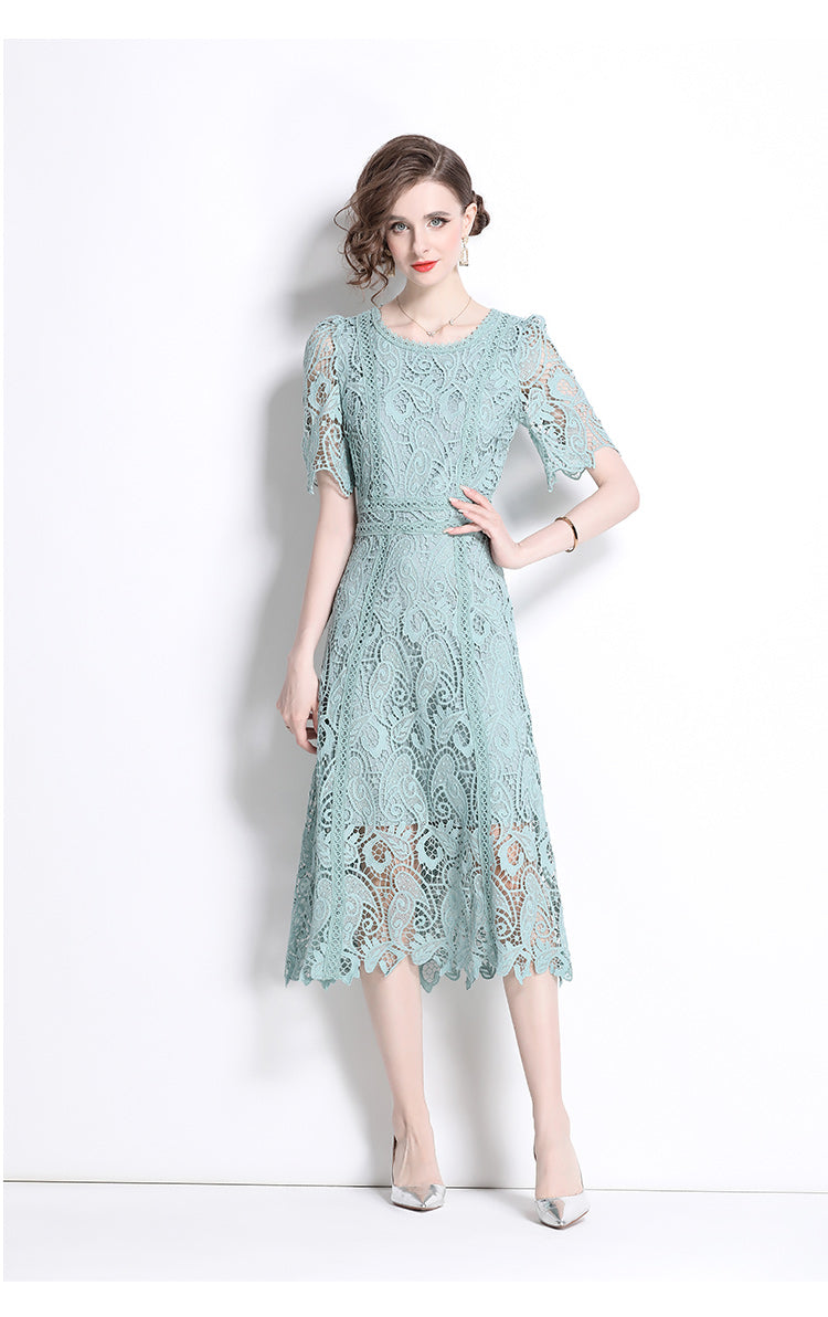 Original design temperament short sleeved skirt slim fit waist cinching heavy industry water-soluble lace dress for women