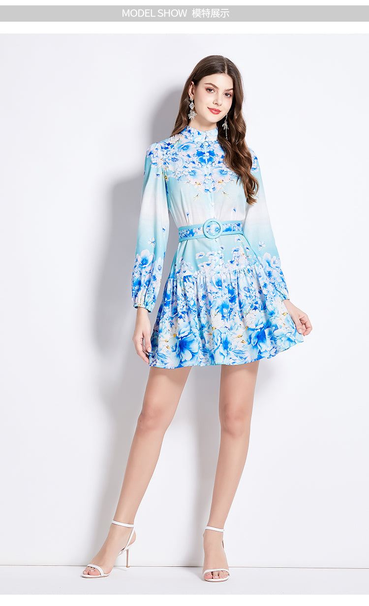 Original Design Spring/Summer Autumn Vacation New Flower Oil Painting Style Stand up Collar Long Dress