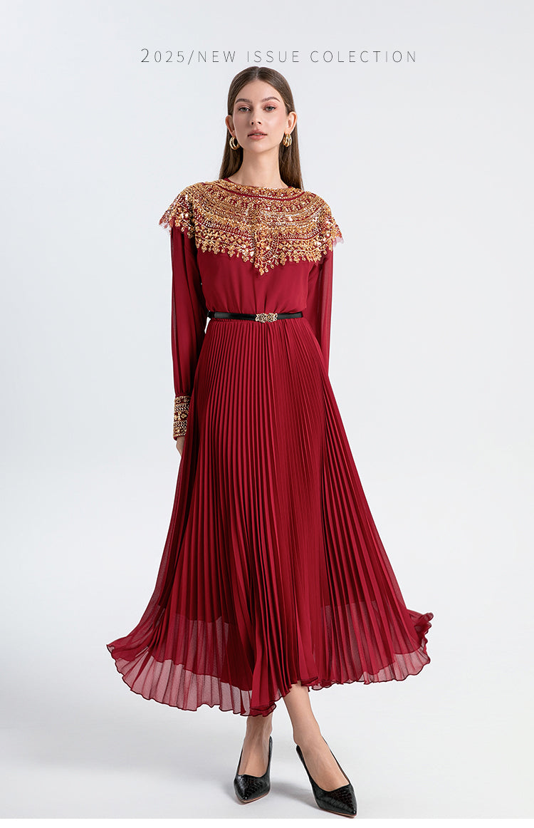 Original design premium pleated belt with gold beaded sequins draped over a chiffon pleated jumpsuit