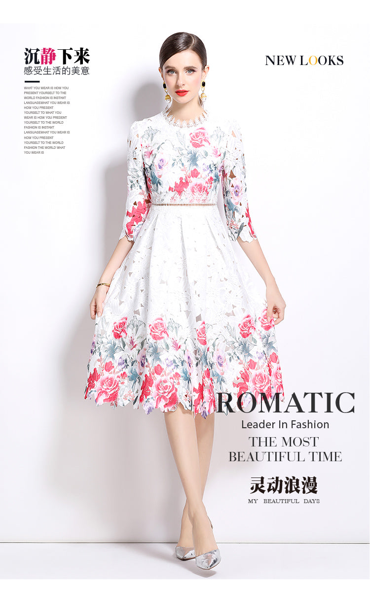 Original design mid long sleeved fashionable slimming hollow out water-soluble lace positioning mid length dress