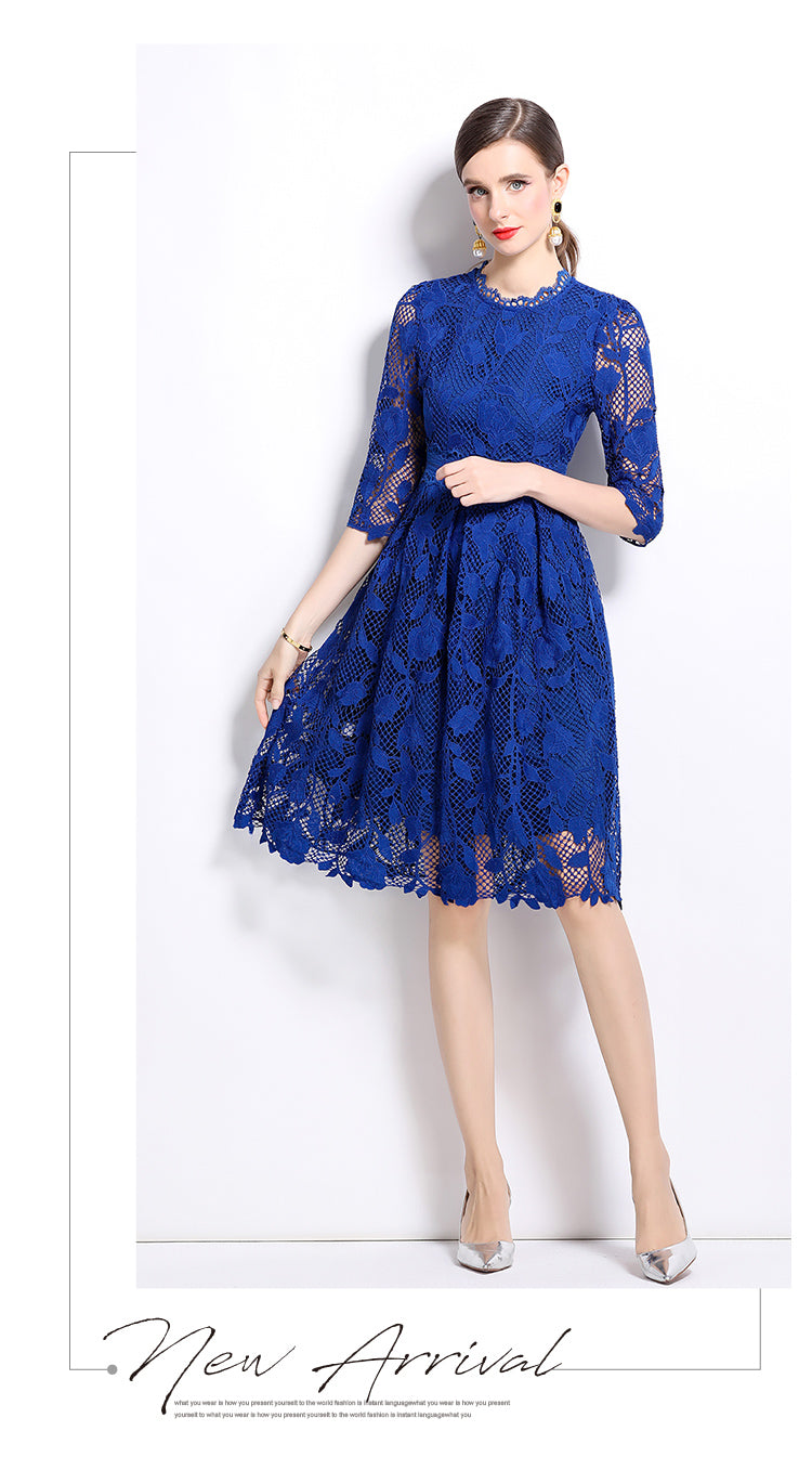Original design mid long sleeved fashionable slimming hollow out water-soluble lace positioning mid length dress