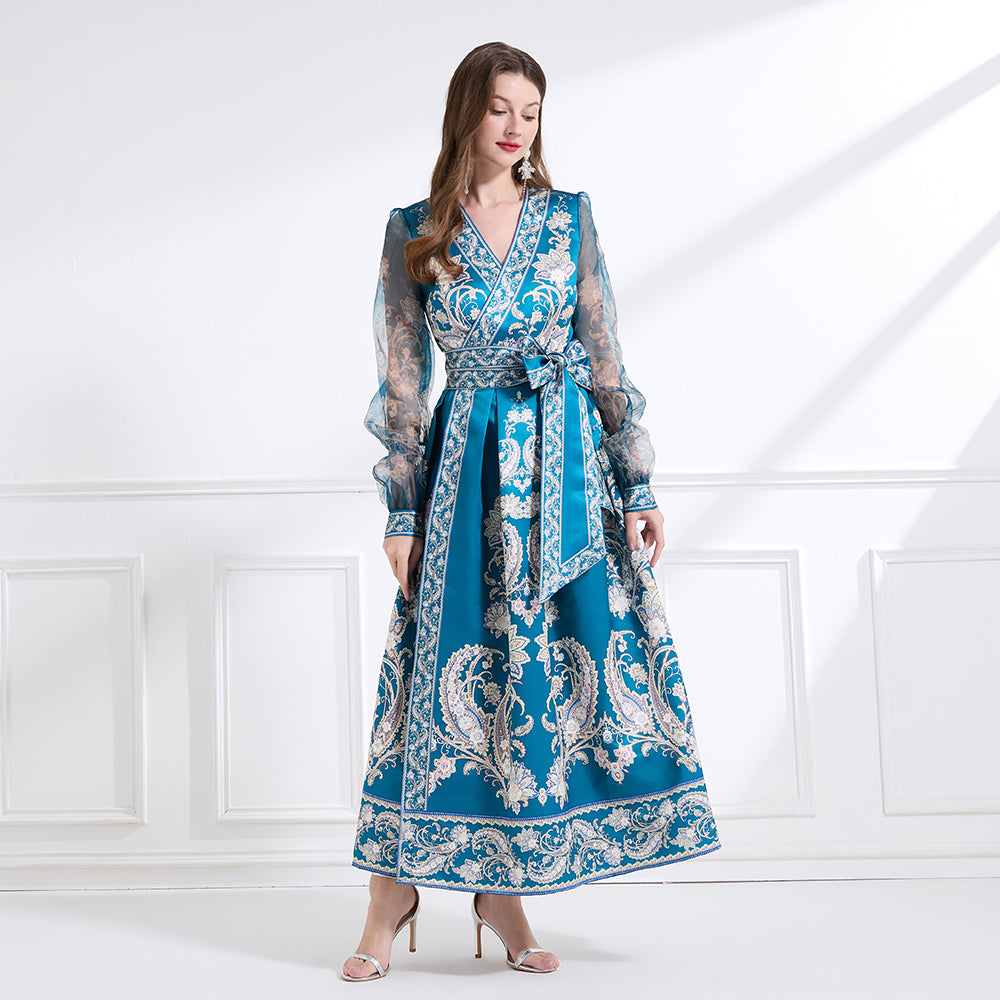 Original design - spring and summer resort style lace patchwork print waist maxi skirt ruffle dress