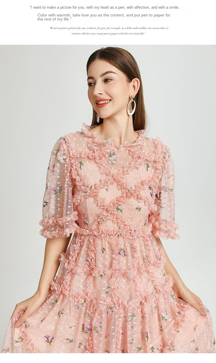 Artwork French romantic boutique custom gauze small floral embroidery short vintage cake dress
