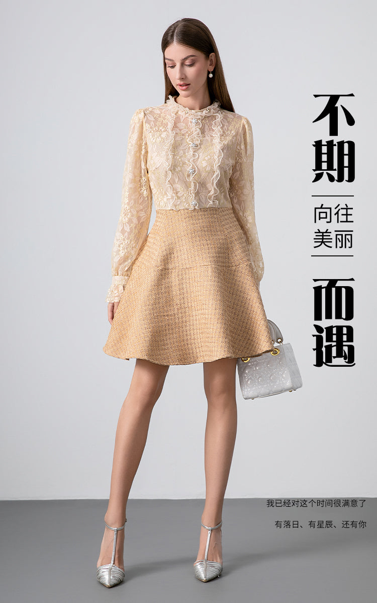 Original Design Heavy Industry Boutique Lace Splicing Coarse tweed Temperament Fake Two Small Fragrant Nail Bead Dresses